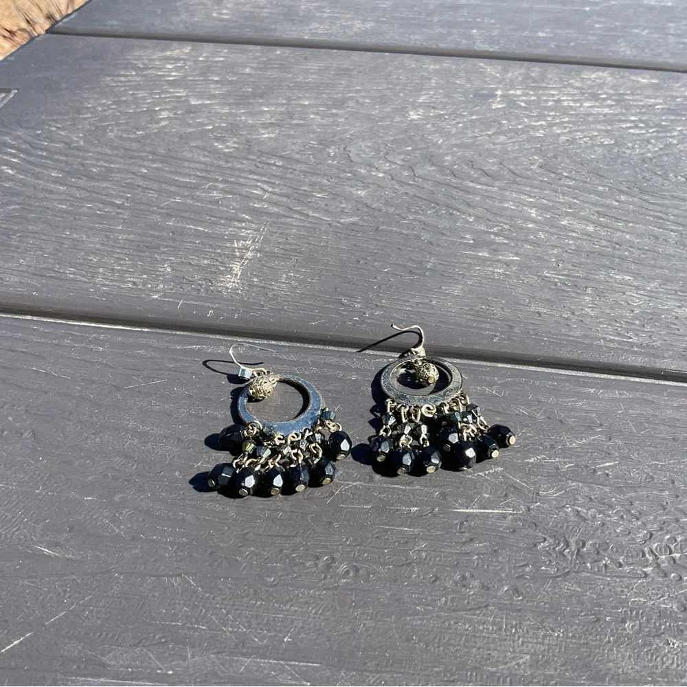 Vintage Dangle Earrings pierced black beads crystal 2” long